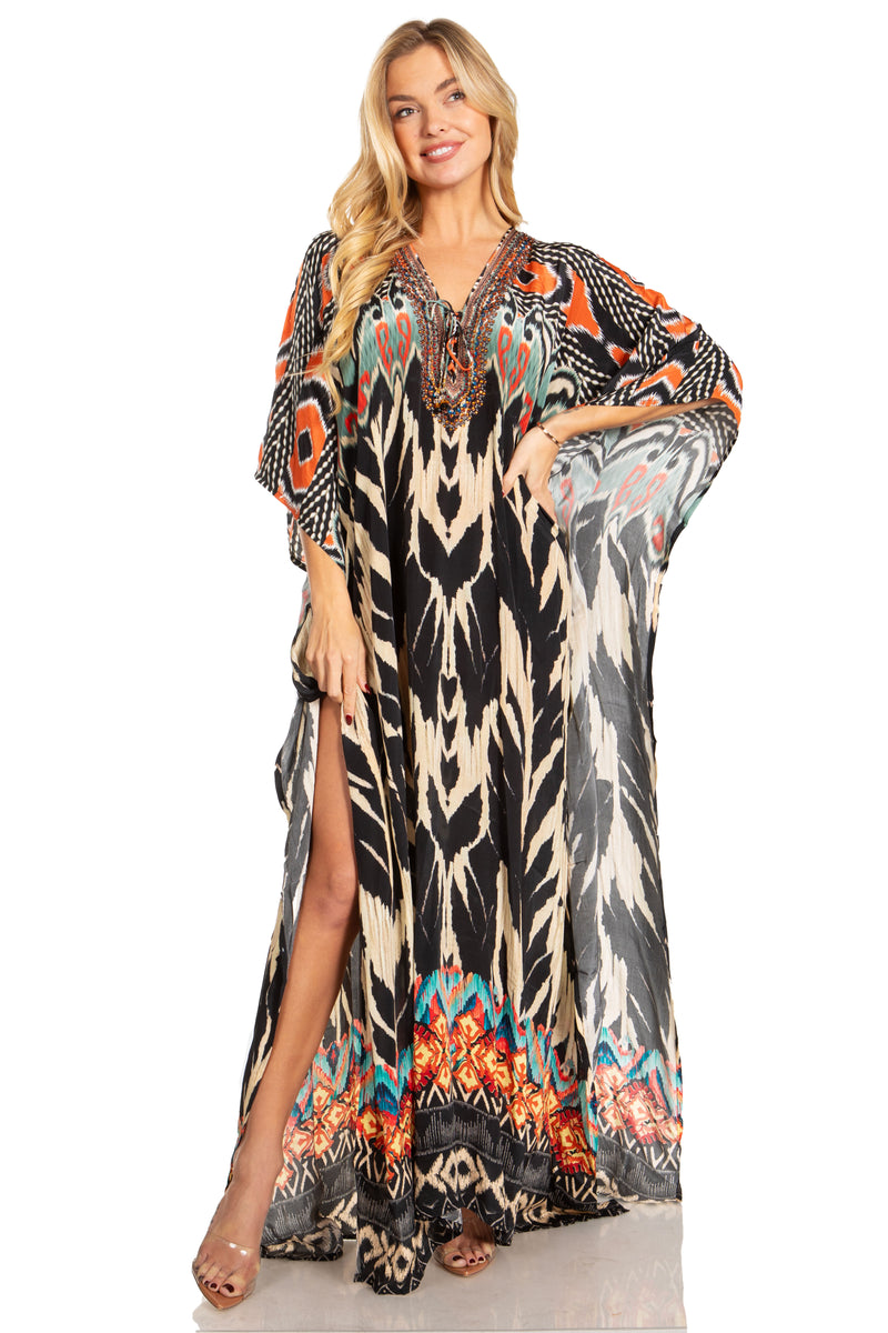 Sakkas Georgettina 2025 Flowy Rhinestone V Neck Long Caftan Dress / Cover Up