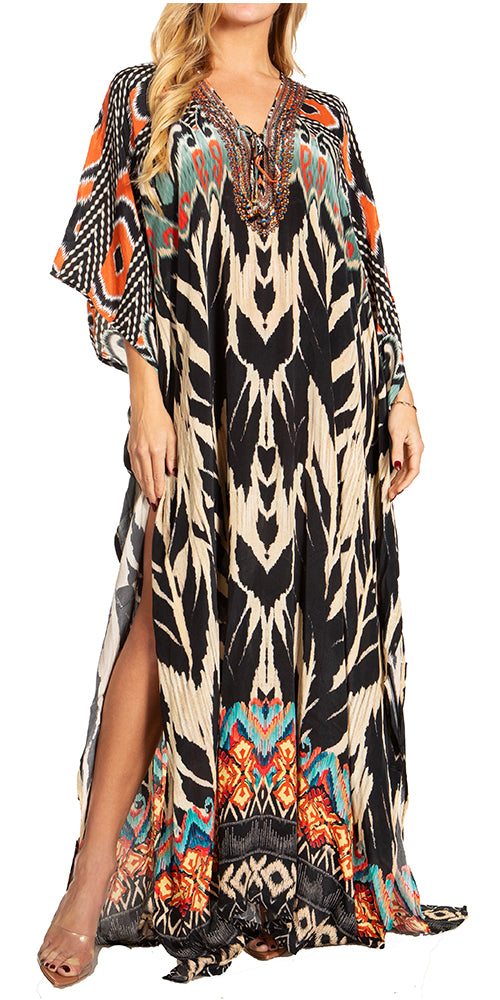 Sakkas Georgettina 2025 Flowy Rhinestone V Neck Long Caftan Dress / Cover Up