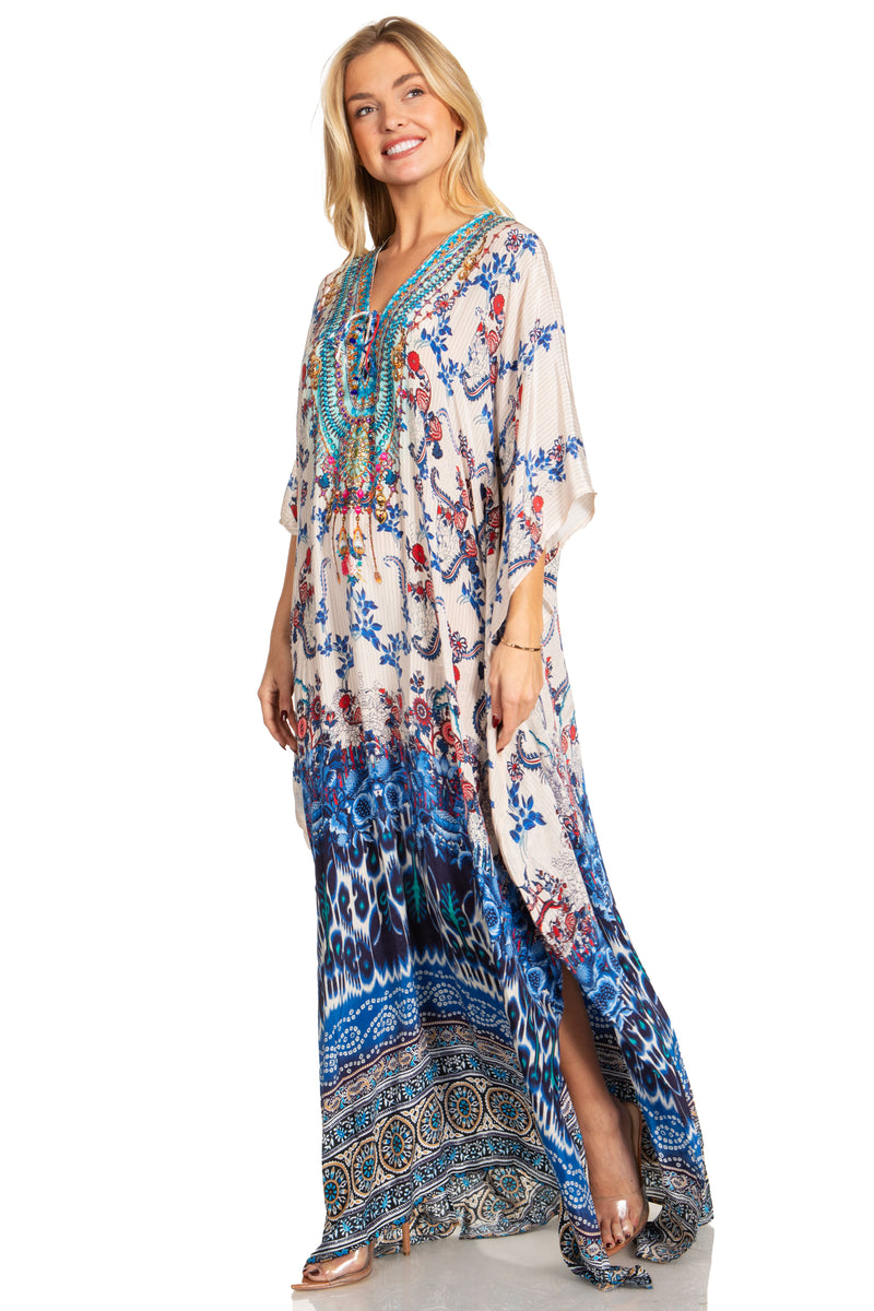 Sakkas Georgettina 2025 Flowy Rhinestone V Neck Long Caftan Dress / Cover Up