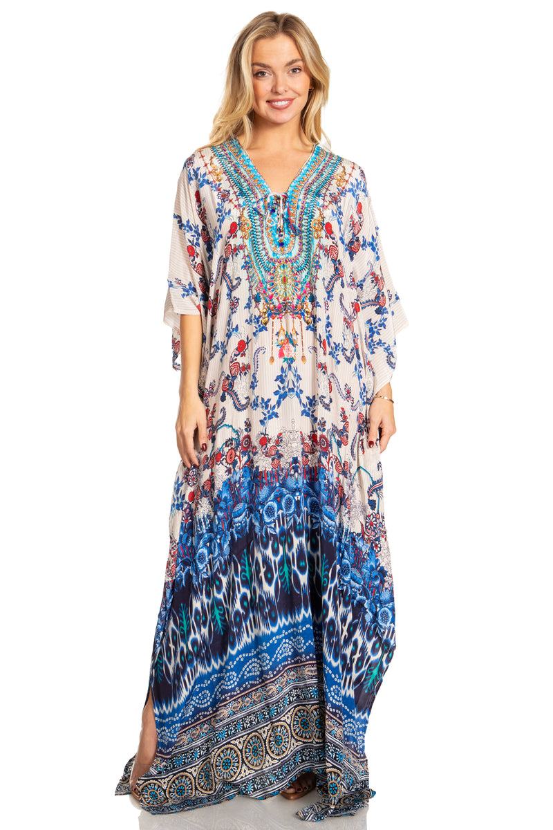 Sakkas Georgettina 2025 Flowy Rhinestone V Neck Long Caftan Dress / Cover Up