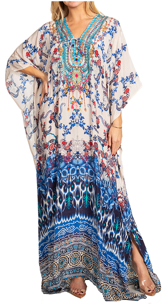 Sakkas Georgettina 2025 Flowy Rhinestone V Neck Long Caftan Dress / Cover Up