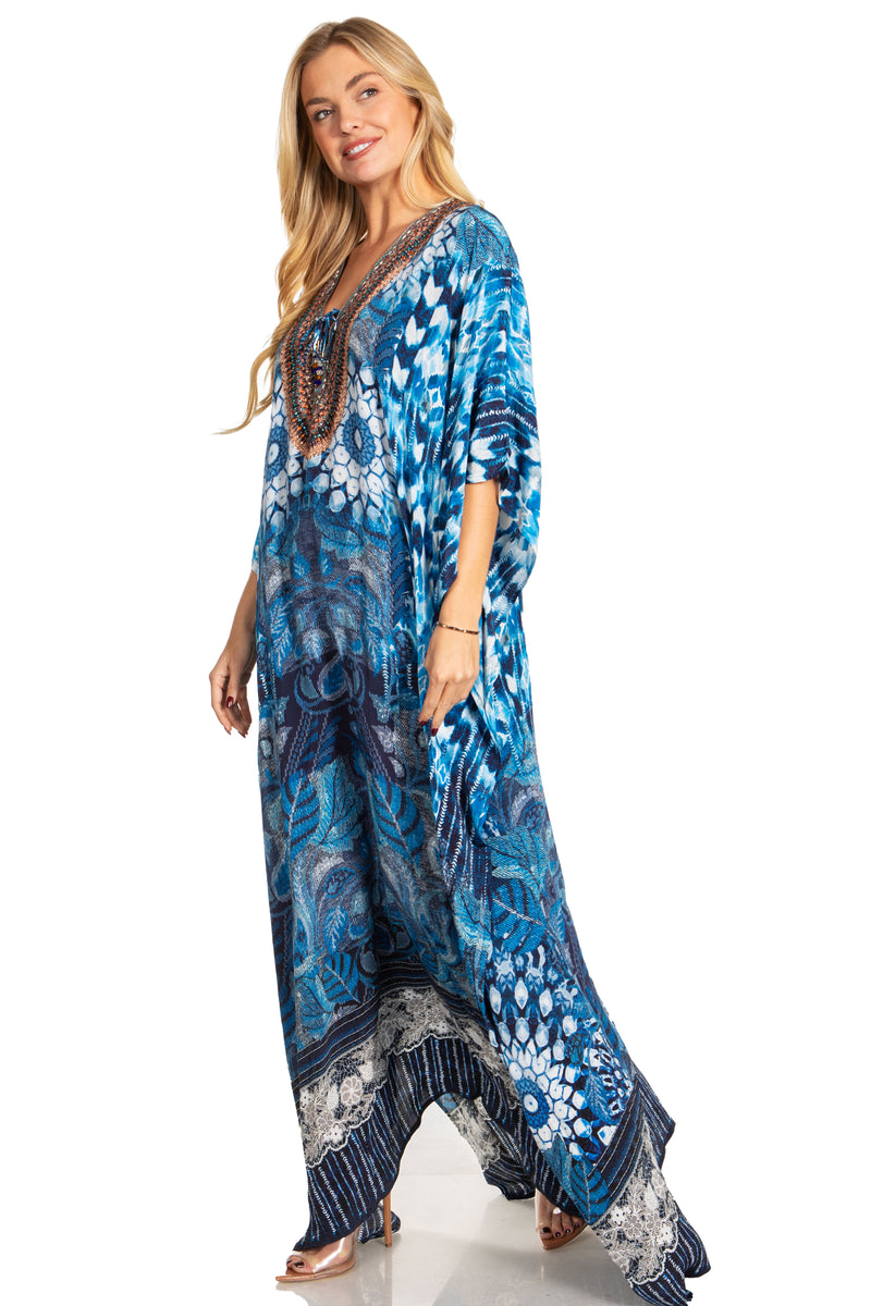 Sakkas Georgettina 2025 Flowy Rhinestone V Neck Long Caftan Dress / Cover Up