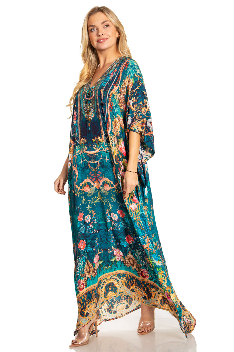 Sakkas Georgettina 2025 Flowy Rhinestone V Neck Long Caftan Dress / Cover Up