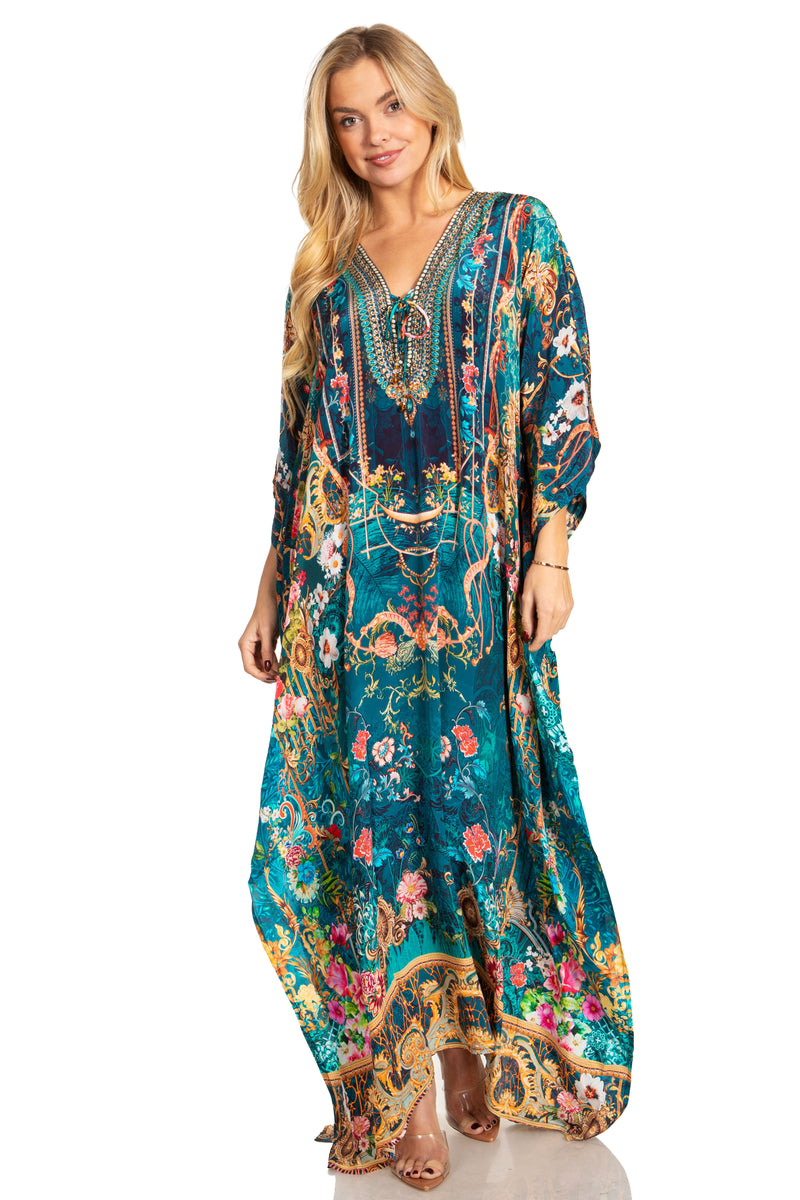 Sakkas Georgettina 2025 Flowy Rhinestone V Neck Long Caftan Dress / Cover Up