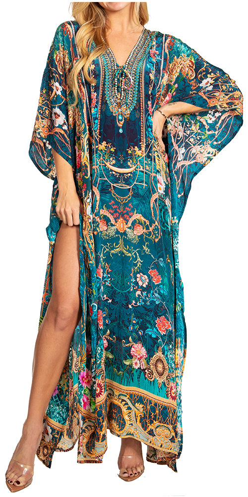 Sakkas Georgettina 2025 Flowy Rhinestone V Neck Long Caftan Dress / Cover Up