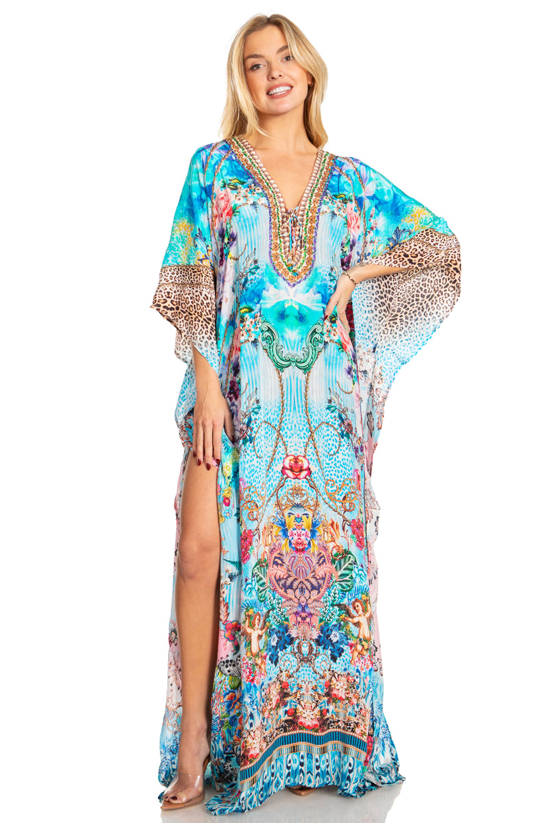 Sakkas Georgettina 2025 Flowy Rhinestone V Neck Long Caftan Dress / Cover Up