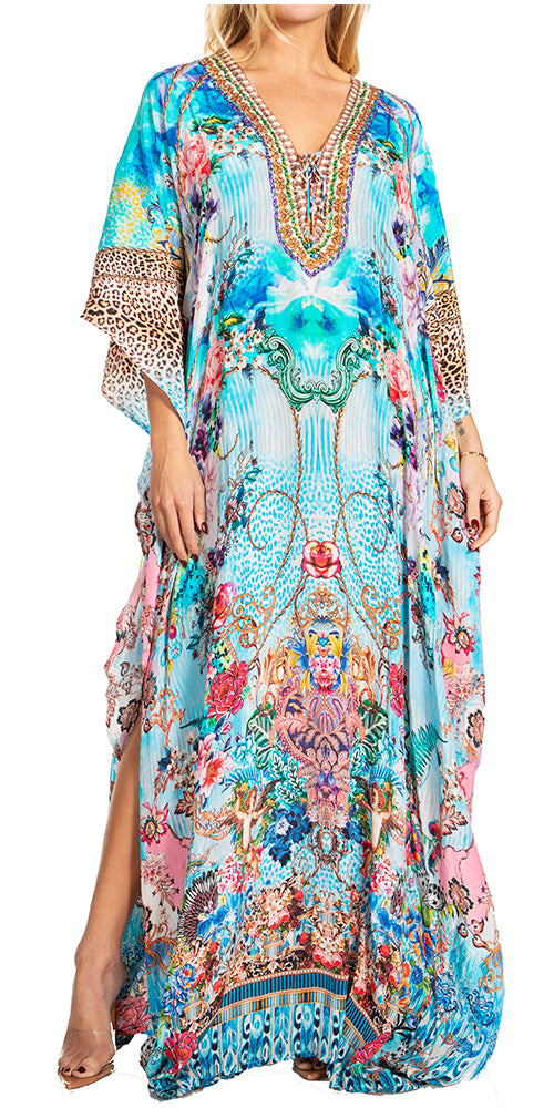 Sakkas Georgettina 2025 Flowy Rhinestone V Neck Long Caftan Dress / Cover Up