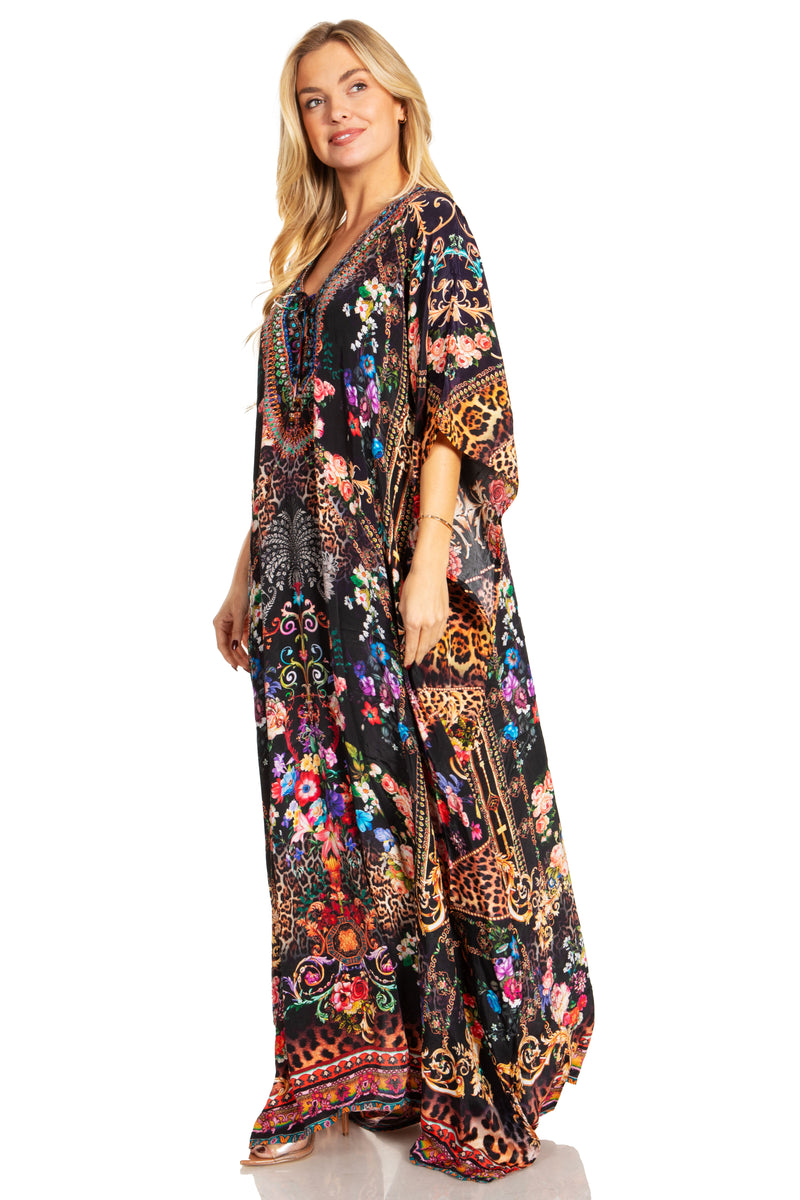 Sakkas Georgettina 2025 Flowy Rhinestone V Neck Long Caftan Dress / Cover Up