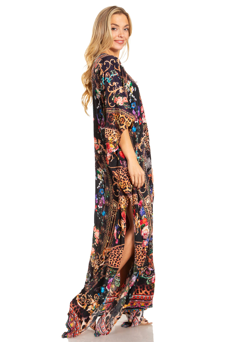 Sakkas Georgettina 2025 Flowy Rhinestone V Neck Long Caftan Dress / Cover Up