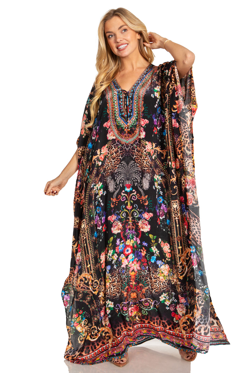 Sakkas Georgettina 2025 Flowy Rhinestone V Neck Long Caftan Dress / Cover Up