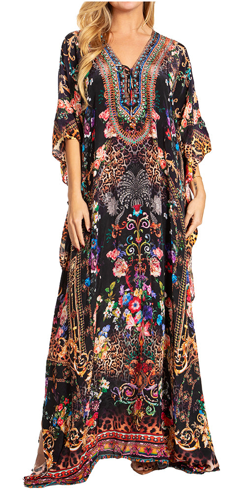 Sakkas Georgettina 2025 Flowy Rhinestone V Neck Long Caftan Dress / Cover Up