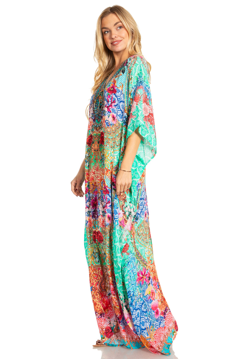 Sakkas Georgettina 2025 Flowy Rhinestone V Neck Long Caftan Dress / Cover Up