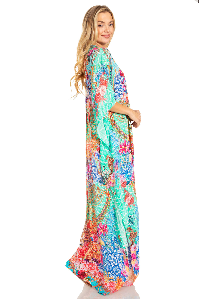 Sakkas Georgettina 2025 Flowy Rhinestone V Neck Long Caftan Dress / Cover Up