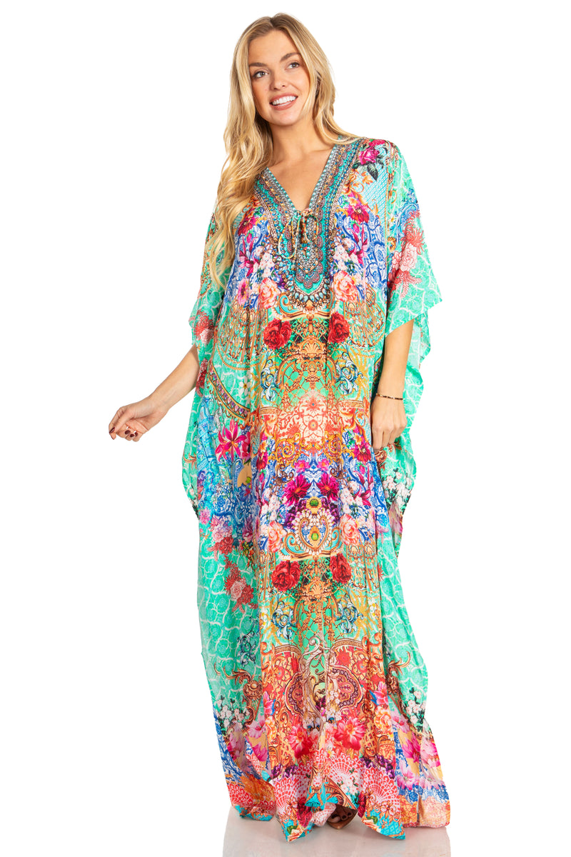 Sakkas Georgettina 2025 Flowy Rhinestone V Neck Long Caftan Dress / Cover Up