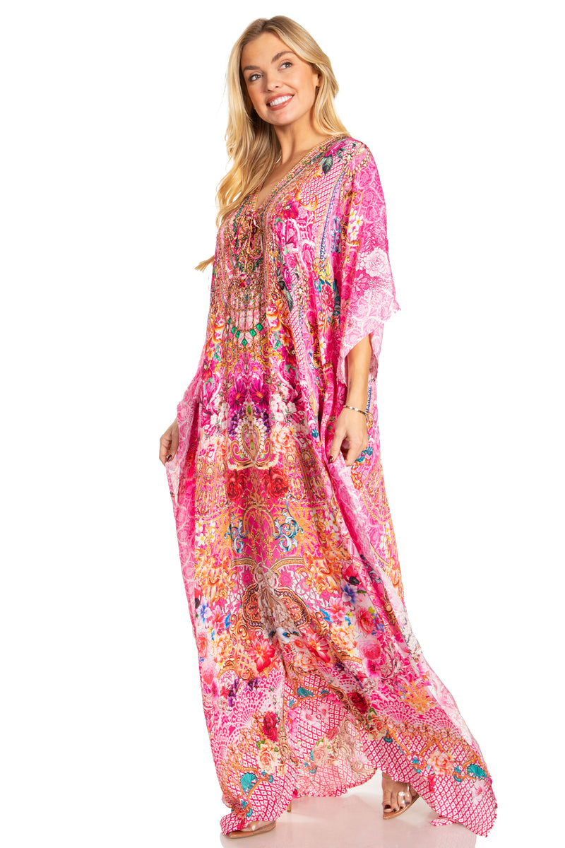 Sakkas Georgettina 2025 Flowy Rhinestone V Neck Long Caftan Dress / Cover Up