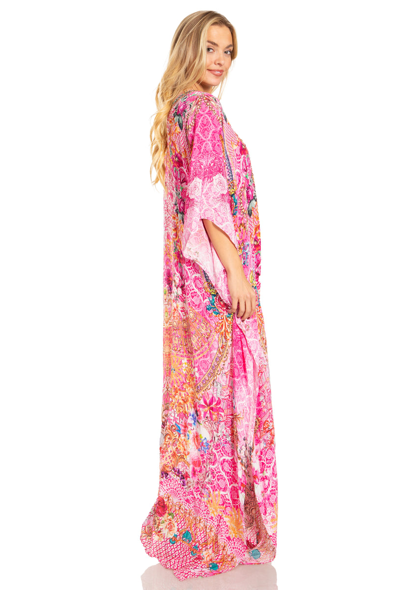 Sakkas Georgettina 2025 Flowy Rhinestone V Neck Long Caftan Dress / Cover Up