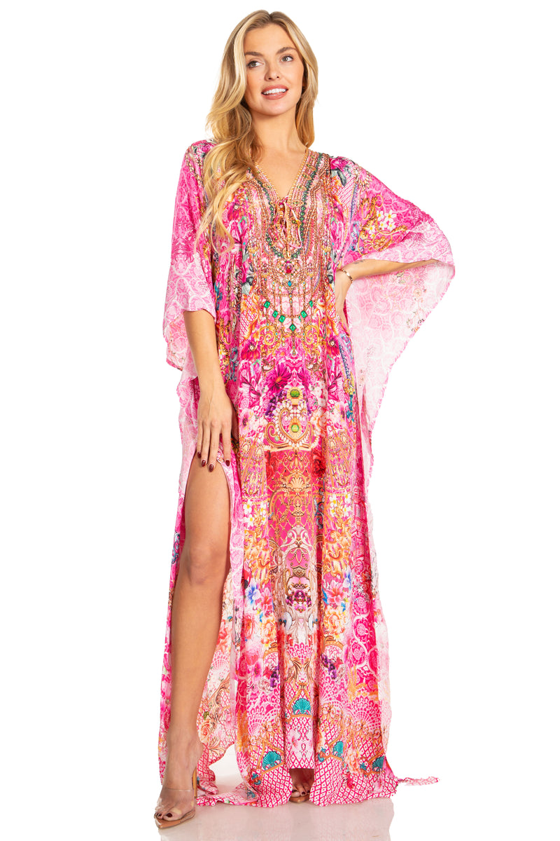 Sakkas Georgettina 2025 Flowy Rhinestone V Neck Long Caftan Dress / Cover Up