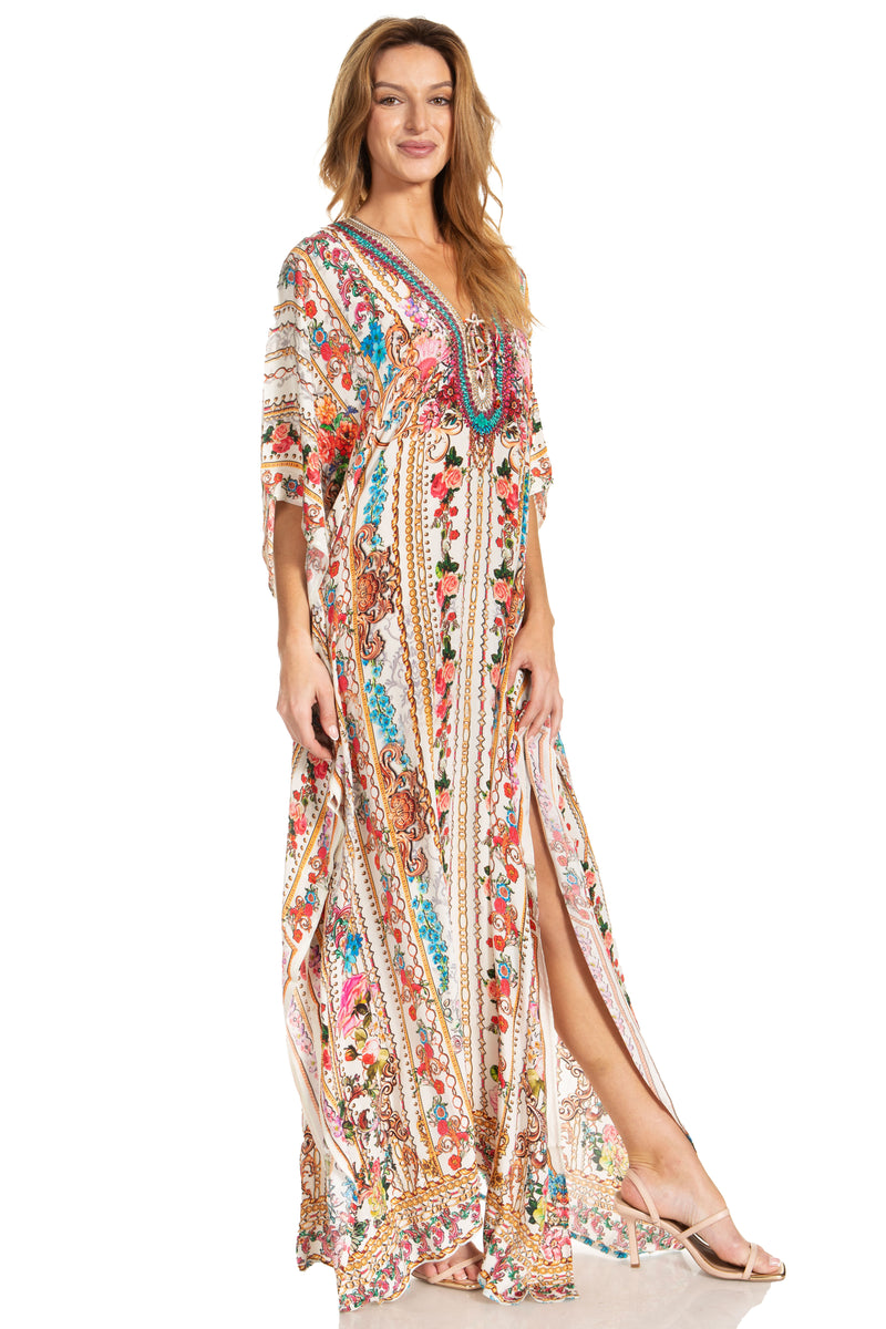 Sakkas Georgettina 2025 Flowy Rhinestone V Neck Long Caftan Dress / Cover Up