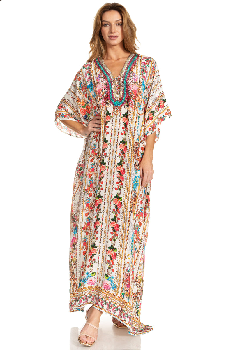 Sakkas Georgettina 2025 Flowy Rhinestone V Neck Long Caftan Dress / Cover Up