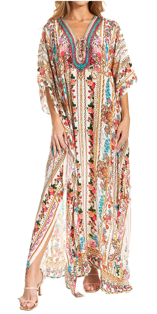 Sakkas Georgettina 2025 Flowy Rhinestone V Neck Long Caftan Dress / Cover Up