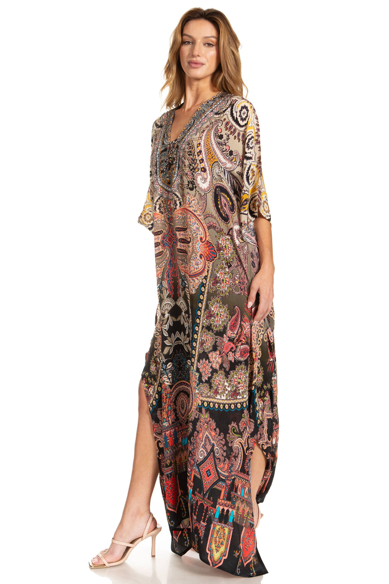 Sakkas Georgettina 2025 Flowy Rhinestone V Neck Long Caftan Dress / Cover Up