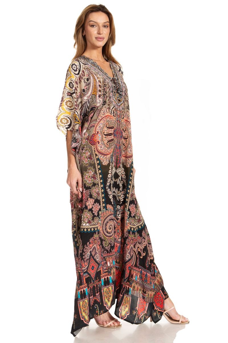 Sakkas Georgettina 2025 Flowy Rhinestone V Neck Long Caftan Dress / Cover Up