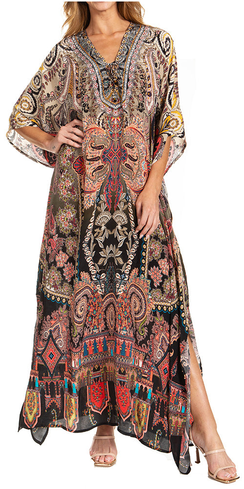 Sakkas Georgettina 2025 Flowy Rhinestone V Neck Long Caftan Dress / Cover Up