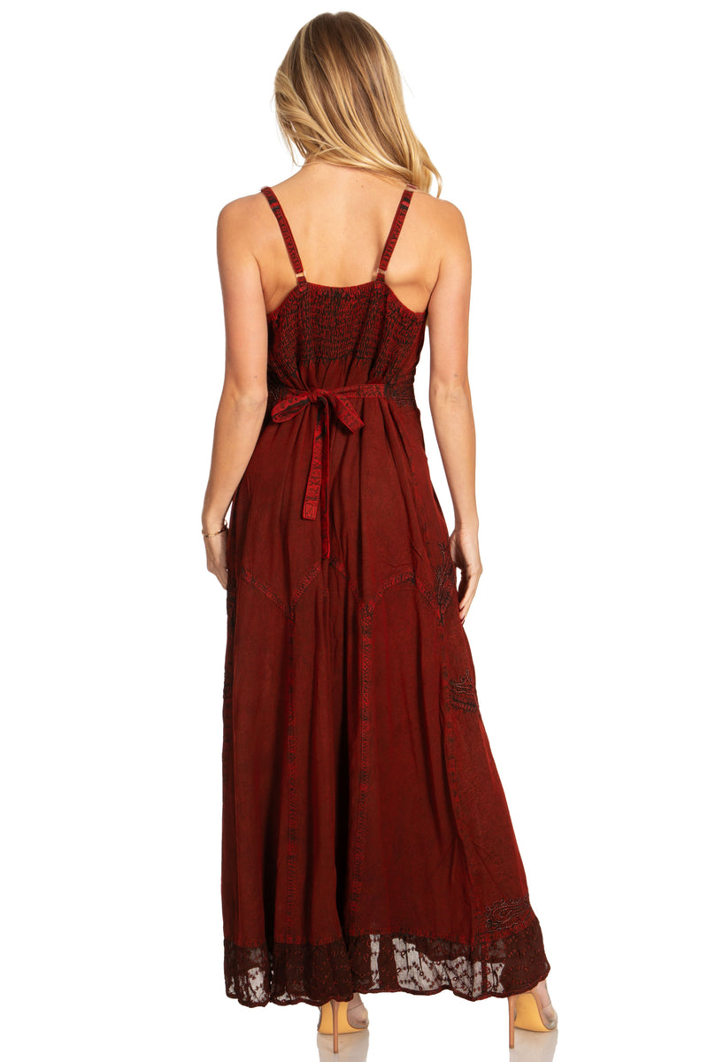 MKY Amy Stonewashed Rayon Embroidered Adjustable Spaghetti Straps Long Dress