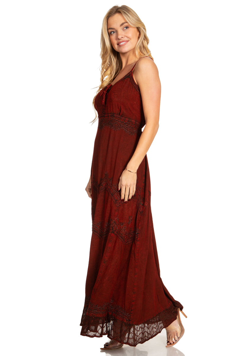 MKY Amy Stonewashed Rayon Embroidered Adjustable Spaghetti Straps Long Dress