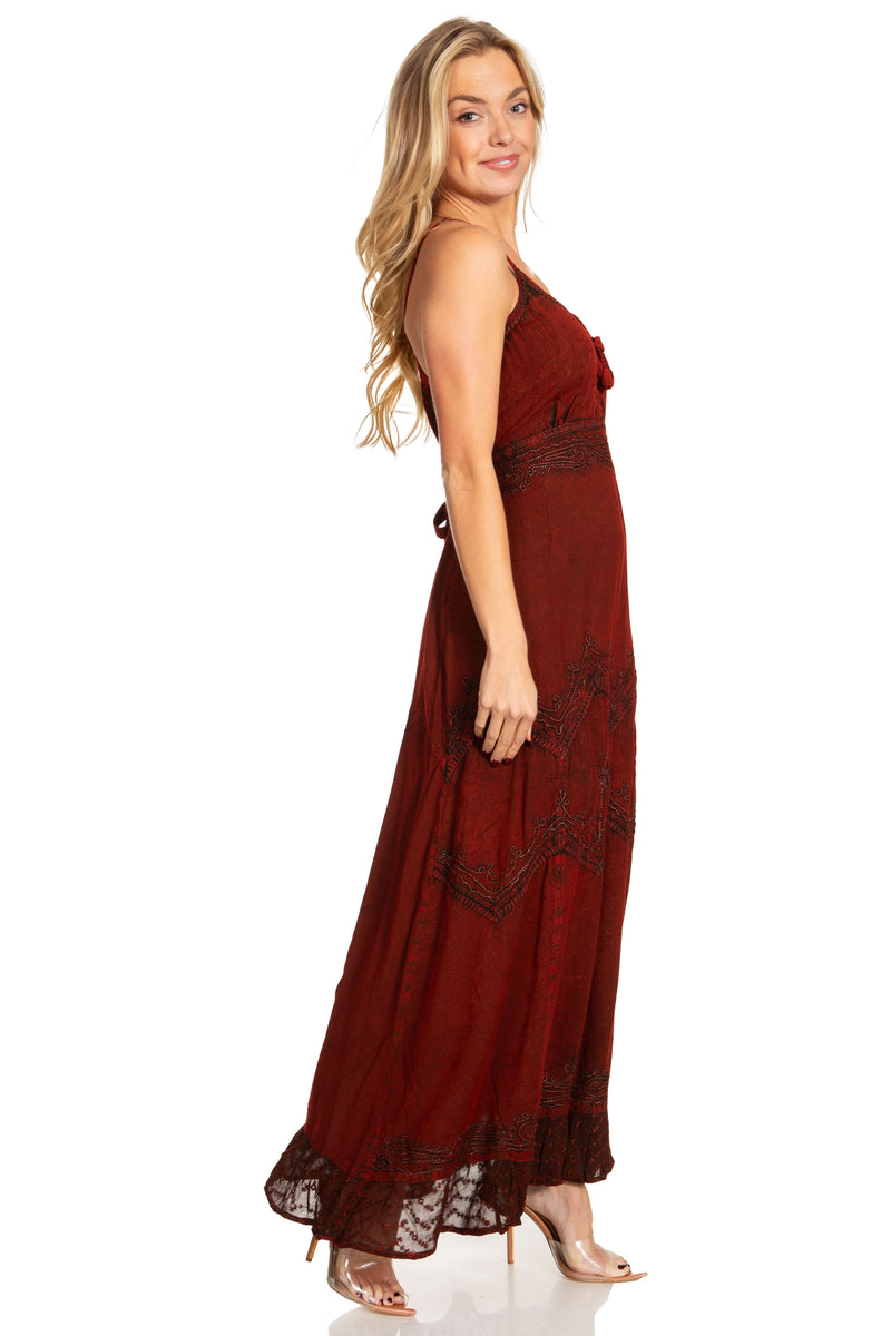 MKY Amy Stonewashed Rayon Embroidered Adjustable Spaghetti Straps Long Dress