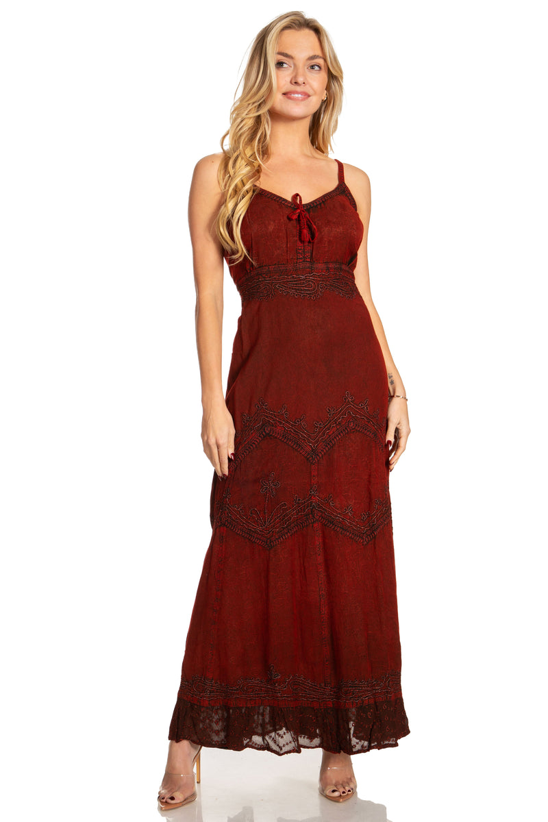 MKY Amy Stonewashed Rayon Embroidered Adjustable Spaghetti Straps Long Dress