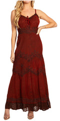 MKY Amy Stonewashed Rayon Embroidered Adjustable Spaghetti Straps Long Dress#color_Burgandy