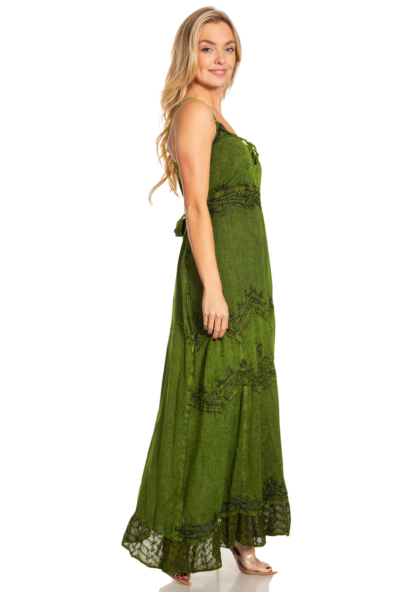 MKY Amy Stonewashed Rayon Embroidered Adjustable Spaghetti Straps Long Dress