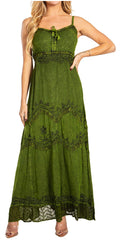 MKY Amy Stonewashed Rayon Embroidered Adjustable Spaghetti Straps Long Dress#color_Green