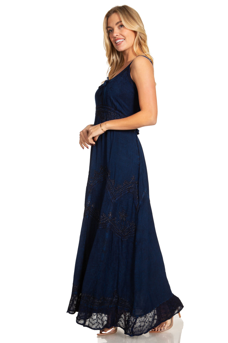 MKY Amy Stonewashed Rayon Embroidered Adjustable Spaghetti Straps Long Dress