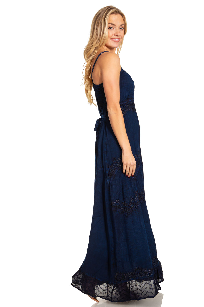 MKY Amy Stonewashed Rayon Embroidered Adjustable Spaghetti Straps Long Dress