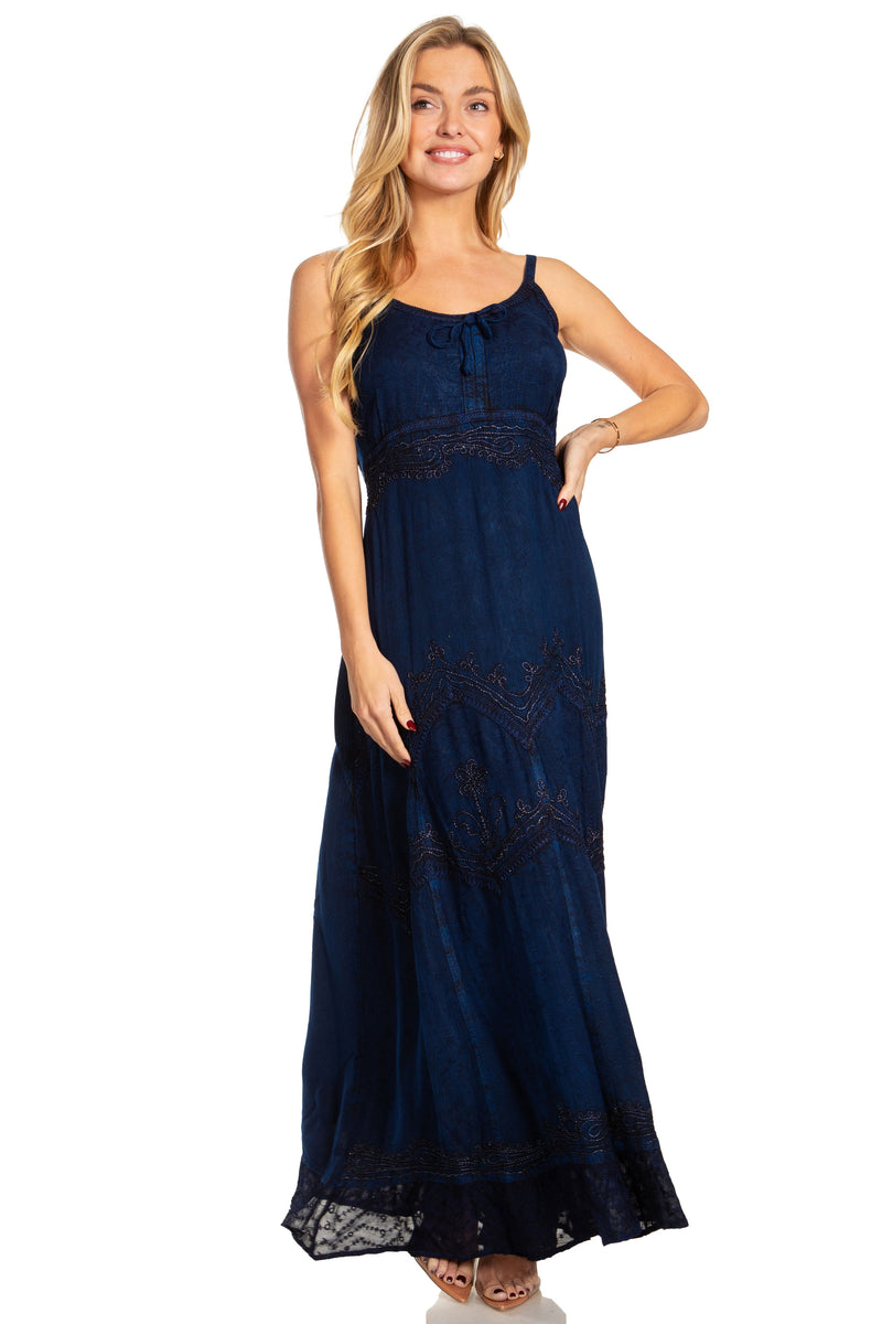 MKY Amy Stonewashed Rayon Embroidered Adjustable Spaghetti Straps Long Dress