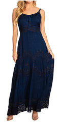 MKY Amy Stonewashed Rayon Embroidered Adjustable Spaghetti Straps Long Dress#color_Navy