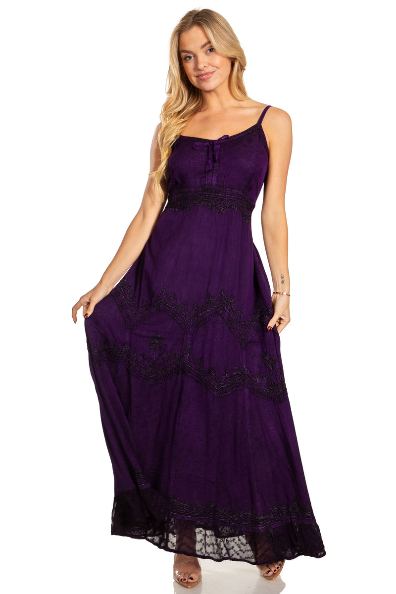 MKY Amy Stonewashed Rayon Embroidered Adjustable Spaghetti Straps Long Dress