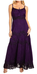 MKY Amy Stonewashed Rayon Embroidered Adjustable Spaghetti Straps Long Dress#color_Purple