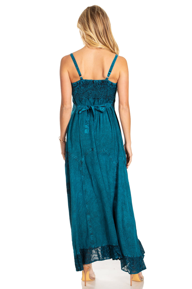 MKY Amy Stonewashed Rayon Embroidered Adjustable Spaghetti Straps Long Dress