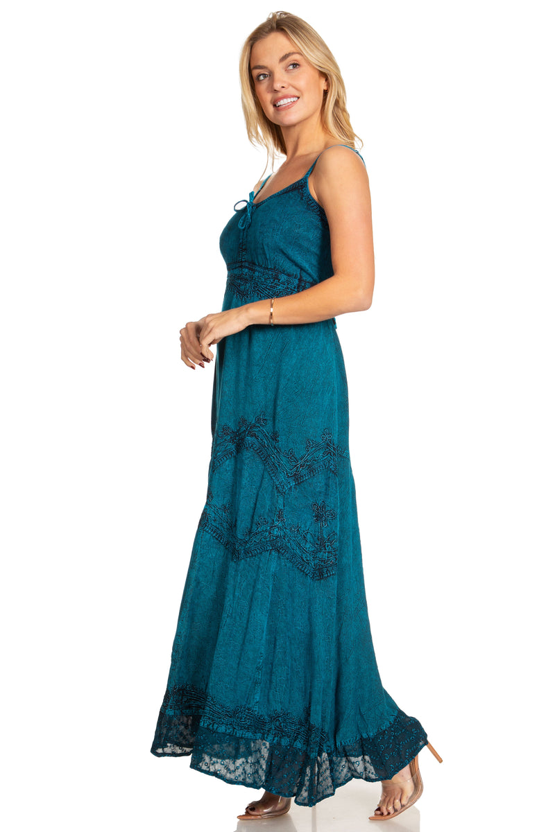 MKY Amy Stonewashed Rayon Embroidered Adjustable Spaghetti Straps Long Dress