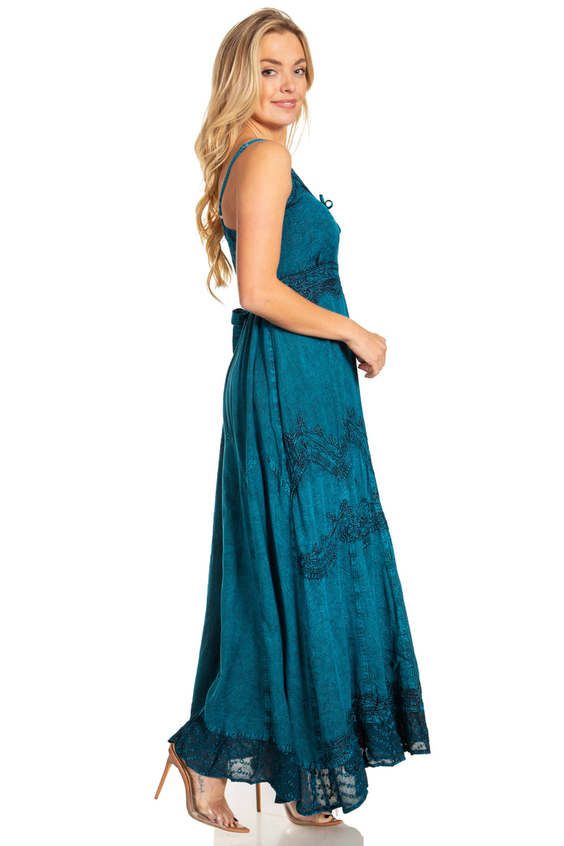 MKY Amy Stonewashed Rayon Embroidered Adjustable Spaghetti Straps Long Dress