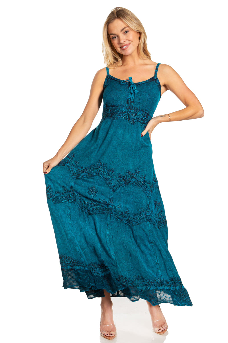 MKY Amy Stonewashed Rayon Embroidered Adjustable Spaghetti Straps Long Dress