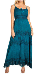 MKY Amy Stonewashed Rayon Embroidered Adjustable Spaghetti Straps Long Dress#color_Steel Blue