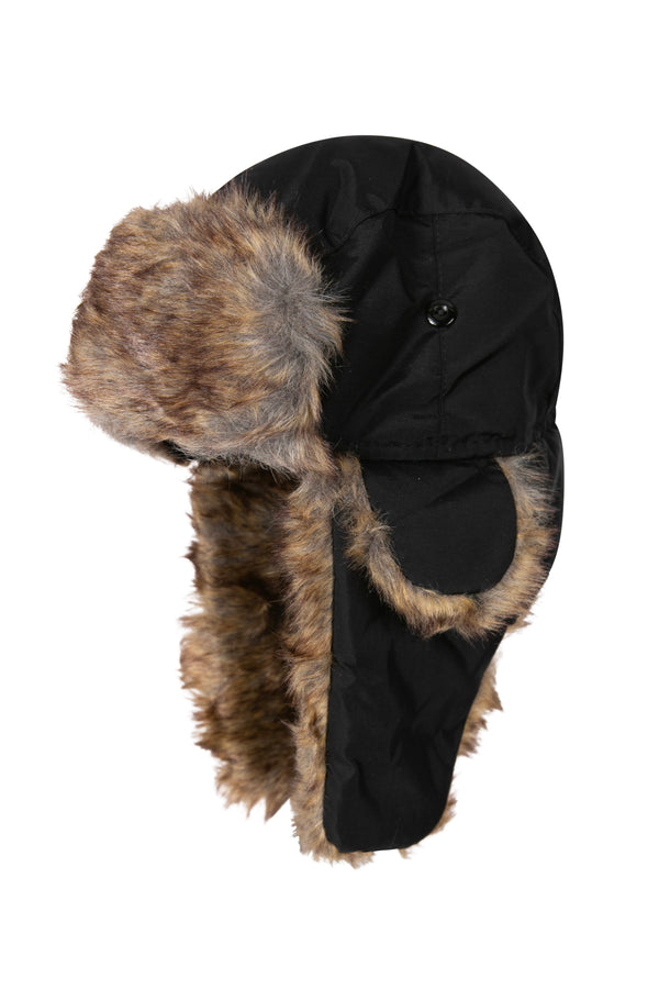 Sakkas Unisex Weatherproof Nylon Faux Fur Lined Winter Earflap Bomber Trooper Aviator Hat#color_Black