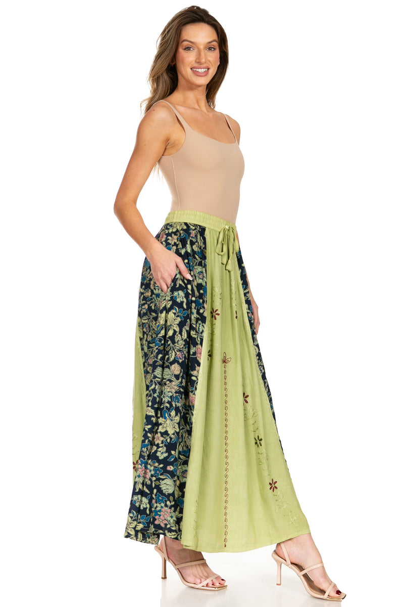 Sakkas Maran Women's Boho Embroidery Skirt with Lace Elastic Waist and Pockets