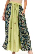 Sakkas Maran Women's Boho Embroidery Skirt with Lace Elastic Waist and Pockets#color_Olive