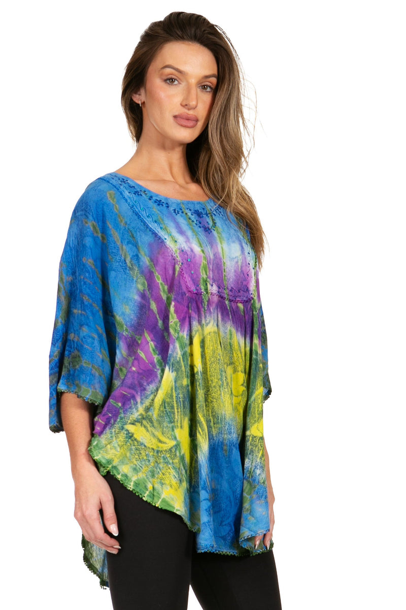 Sakkas Ellesa Ombre Tie Dye Circle Poncho Blouse Shirt Top With Sequin Embroidery