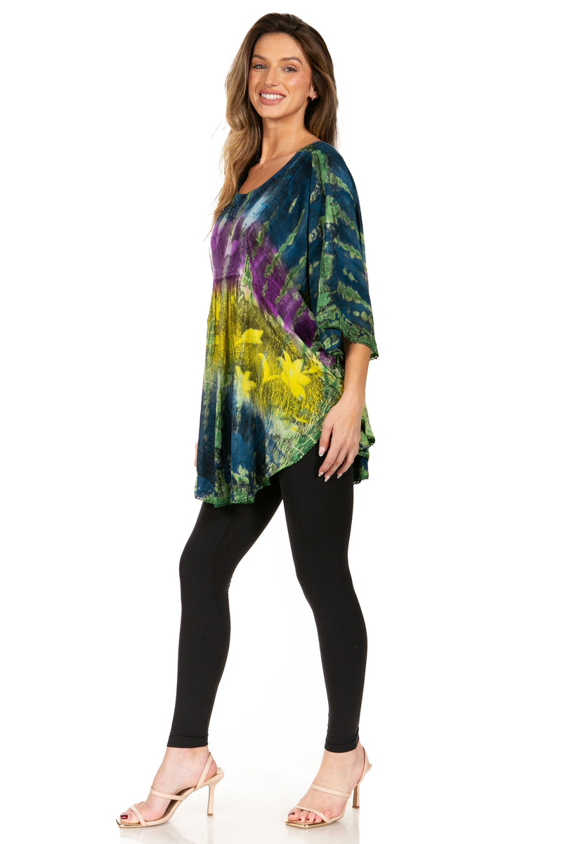 Sakkas Ellesa Ombre Tie Dye Circle Poncho Blouse Shirt Top With Sequin Embroidery